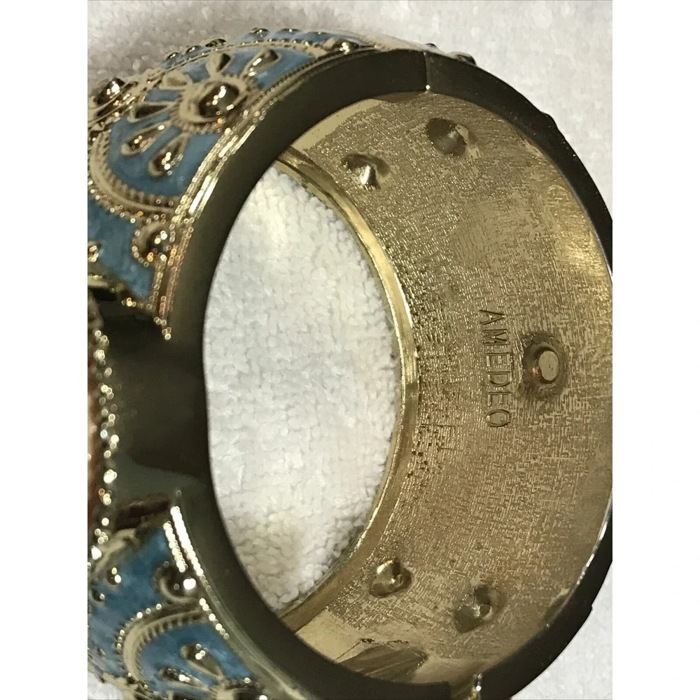 Amedeo NYC HSN 14K Gold Plated Shell Cameo Blue Enamel Bangle Bracelet~ Good Con